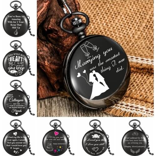 Creative Commemorative Theme Text Customized Printing Quartz Pocket Watch Wedding Anniversary Valentines Day Gifts for Men Women