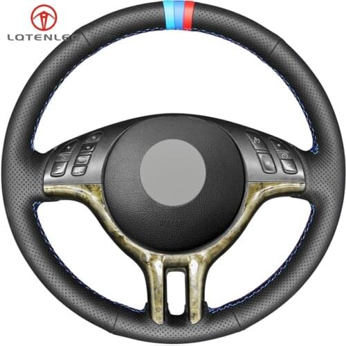 LQTENLEO Black Genuine Leather Car Steering Wheel Cover For BMW 3 Series E46 2000-2006 5 Series E39 2000-2003 E53 X5 Z3 E36 2000