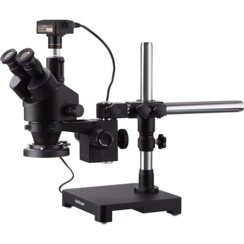 AmScope 7X-90X Black Trinocular Stereo Zoom Microscope on Single Arm Boom Stand + 144 LED Ring-light with USB2.0 3MP Camera
