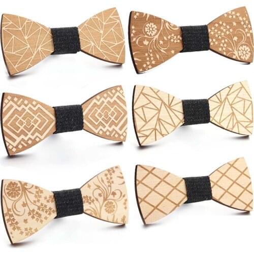 Trendy Wooden Bow Tie Wooden Bow Tie Printed Stripe Check Natural Color Mahogany Wood Handmade Bow Tie