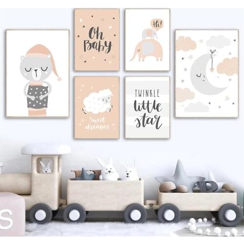 Cartoon Animal Art Sheep Elephant Wall Poster Painting Clouds Moon Canvas Print Nordic Wall Art Pictures Kids Baby Room Decor