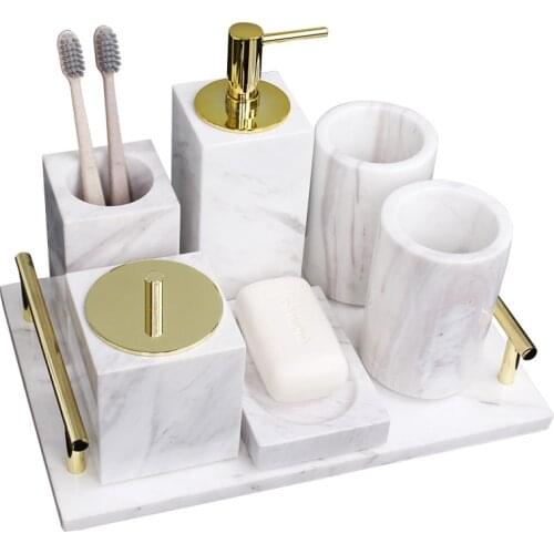 Marble Bathroom Accessories Set Soap Dispensers/Dishes Toothbrush Holder & Gargle Cups Tissue/Cotton Swab Box Tray Wedding Gifts
