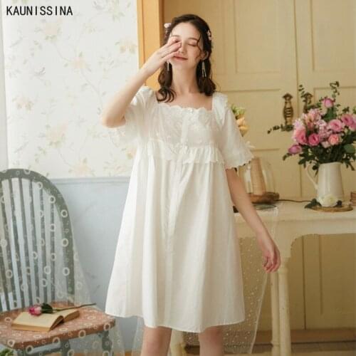 Women Summer Night Dress Short Sleeve Court Princess Cotton Nightdress Comfortable Sweet Loose White Nightgown Sleepwear