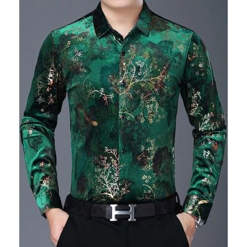 Autumn Plus Size Green Velvet Shirts Mens Red Dresses Large Size Clothing Flowers Velour Mens Shirts Fathers Blouse Winter Flann
