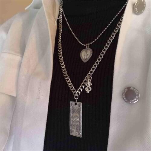 Unisex Double Hip Hop Necklace Banknote Heart Pendant for 2021 New Fashion Multi Layer Pendant Necklace Decot Jewelry BH