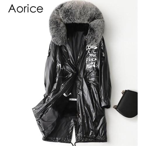 Aorice Women Real Fox Fur Collar Coat Jacket Female Rex Rabbit Liner Long Parka Trench A41652