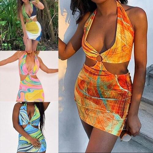 Sexy Hollow Out Bag-Hip Dress V-neck Sleeveless Halter Sheath Mini Dresses Bohemian Style Summer Seaside Vacation Dress 4 Colors