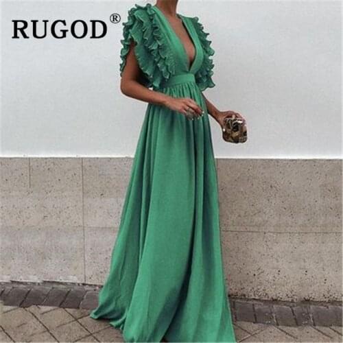 RUGOD Vintage Ruffles Maxi Dress Women Sexy Deep V neck Party Gown Long Dresses Elegant Hight Waist Plus Size Female Dresses