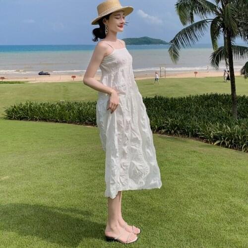 Summer Women Solid Wrinkle A-Line Dresses Backless Holidays Spaghetti Strap Midi Dress Beach Elegant Bohemian Female Vestidos