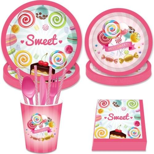 Pink Lollipop Theme Party Set Disposable Tableware Kids Birthday Paper Plate Napkins Candy Baby Shower Party Decor Supplies