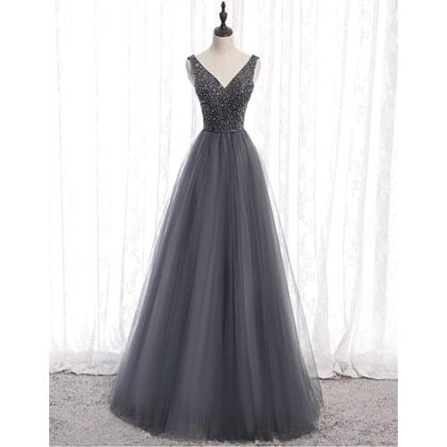 2020 Sexy V-neck Evening Dress Robe De Soiree High Quality Gray Tulle With Beading Evening Dresses Long Dress Vestido De Festa