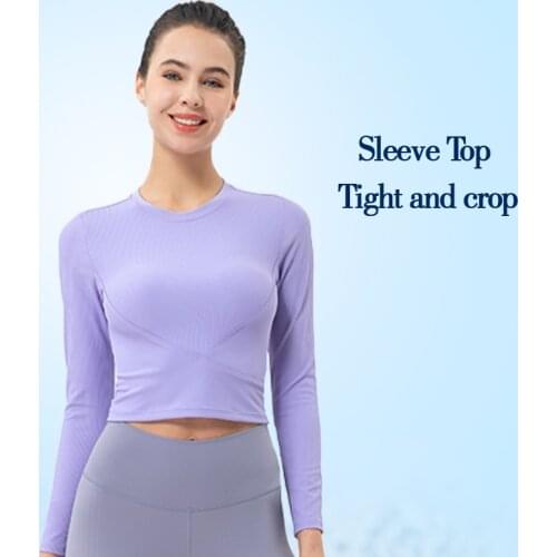 Sports Top Autumn Women Yoga Fitness Long Sleeves Rib fashion T-shirt Outdoor Jogging Exercise Tights Crop Tops