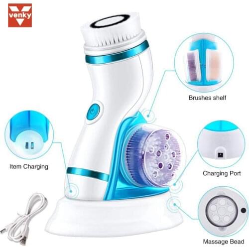 VENKY 4-in-1 Electric Facial Cleanser Machine With Brushes Skin Pore Cleaner Beauty Massager Face Wash Body Cosmetic instrument