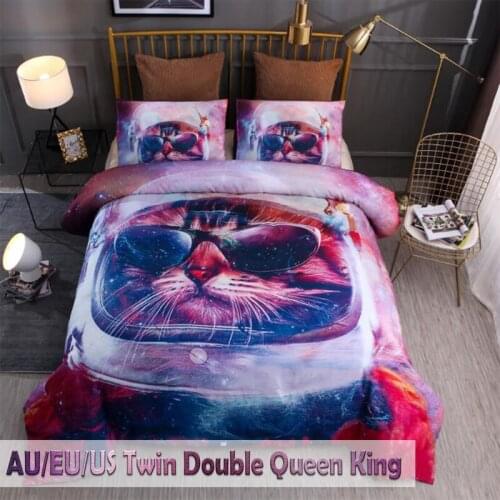 WUJIE Fashion 3D Cartoon Space Cat Duvet Cover Set Breathable Kids Bedding Set with Pillowcases EU/AU/US Twin Queen King Size