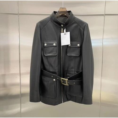 2021 Arrival New Women Coat Spring Regular Length Genuine Leather Jacket Lady With Belt Safari Style Pocket Decoration