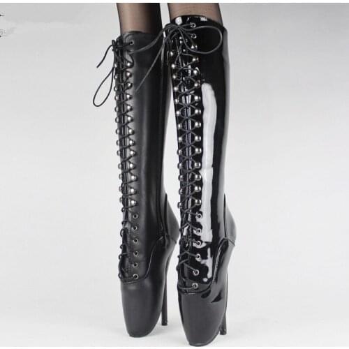 Women 18Cm Spike High Heel Sexy Fetish BALLET Pink Knee-high Boots Lace-Up BDSM Plus Size Unisex Cosplay boots