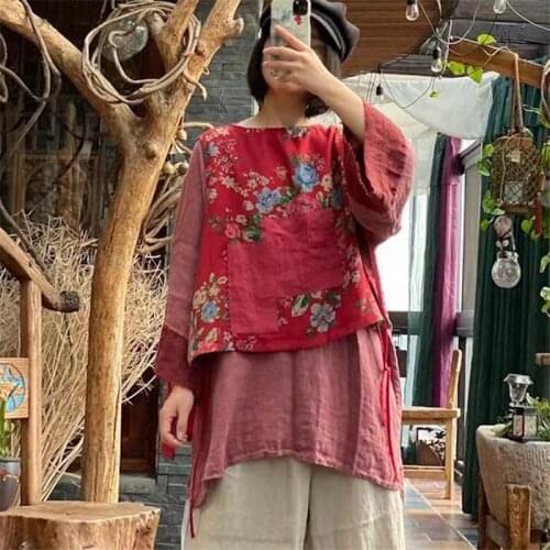 Johnature Women Vintage Vests Red Print Floral O-Neck Sleeveless 2021 Spring Cotton Linen Patchwork Belt Female Pullover Vests