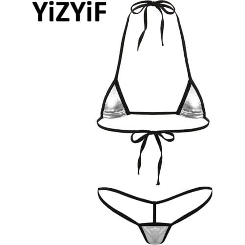 Womens Shiny Metallic Mini Bikini Erotic Lingerie Set Halter Neck Tie-on Bra Top with G-String Thong Bikini Set Sexy Costumes