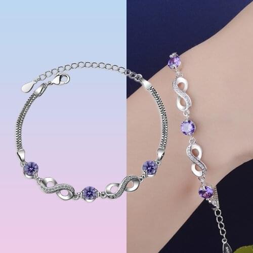 Trendy 925 Sterling Silver Infinity Love Bracelet Purple Crystal Chain and Link Bracelets For Women jewelry Anniversary Gift