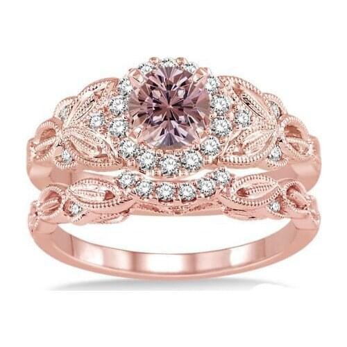 New European and American style exquisite floral ladies pair finger champagne zircon copper rose gold plated engagement ring