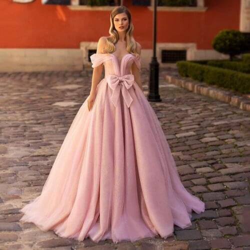 Eightree 2021 Pink Wedding Dress With Bow Off Shoulder Wedding Dresses A-Line Glitter Bridal Gowns Elegant Princess Wedding Gown