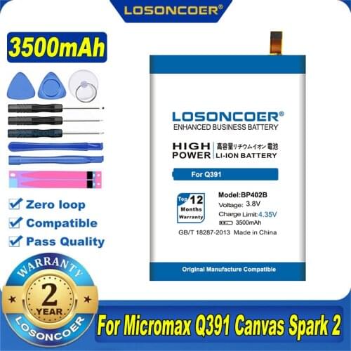 100% Original LOSONCOER 3500mAh BP402B Battery for Micromax Canvas Spark 2 Q391 Mobile Phone Battery
