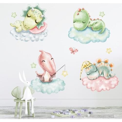 Watercolor Cartoon Baby Dinosaurs Sleeping on the Cloud Wall Stickers for Baby Nursery Room Decoration Kids Room Wall Decals PVC