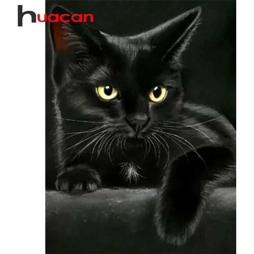 Huacan 5D Diamond Painting Cross Stitch Black Cat Diamond Mosaic Embroidery Animals Paintings For Interior Home Decoration