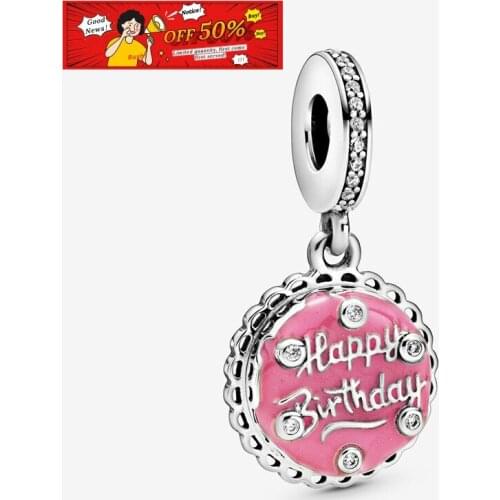 Birthday Gift 925 Sterling Silver Beads Pink Birthday Cake Dangle Charm Fit Original Pan Bracelets Women DIY Fashion Jewelry