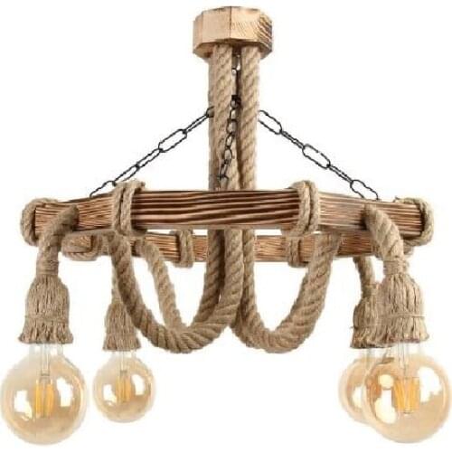 Wooden Chandelier Rope Pendant Lamp Quadruple Octagon Ceiling Lamp Decorative Authentic Quality Real Wood Handmade Polished