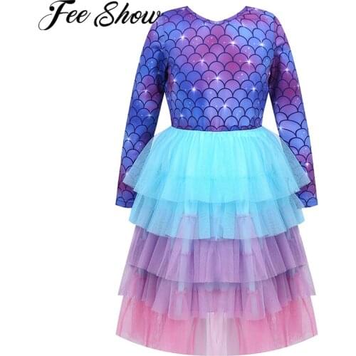 Kids Girls Cosplay Costume Mermaid Dress Long Sleeve Fish Scales Multi-Tiered Mesh Dresses Children Beach Birthday Party Outfit