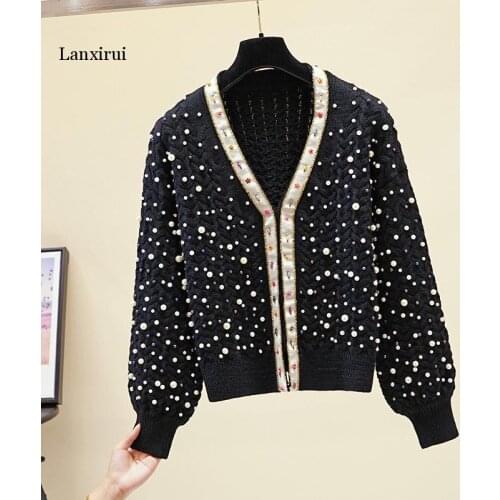Elegant Handmade beading V-neck knitted cardigan women Loose lazy short sweater Modis 2020 autumn and winter white black tops