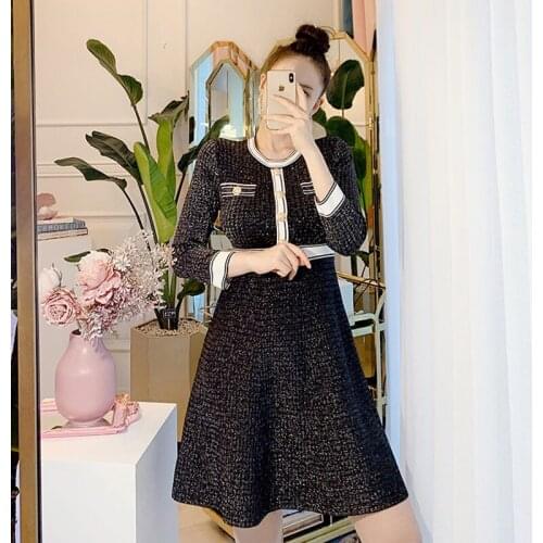 Autumn Office Lady Clothes Sexy O-neck Package Hips A-line Knitting Dress Womens Elegant Korean Party Dresses Female Vestidoes