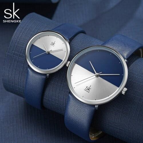 ShengKe Casual Lovers Watches Women Blue Leather Strap Quartz Men Watch Ladies Dress Couple Watch Clock Relogios Femininos