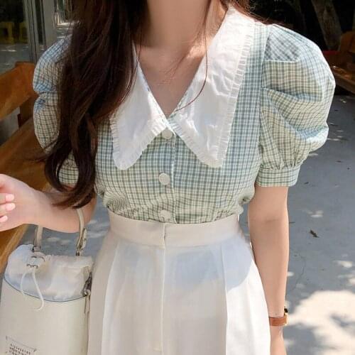 Vintage Retro Plaid Single-breasted Shirt Female Tops Korean Fashion Puff Sleeve Summer Women Blouses Chic Femme Blusas 14793