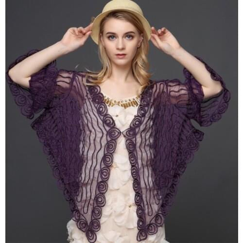 Vintage Gatsby Womens Lace Cardigan Big Size Flare Sleeve V Neck Thin Sheer Embroidery Mesh Striped Poncho Coat Spring