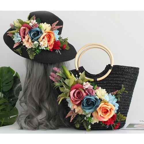 Elegant Women Handbag Summer Beach Bag Rattan Woven Handmade Flowers Knitted Straw Large Capacity Totes with Sun Hat 2021 New