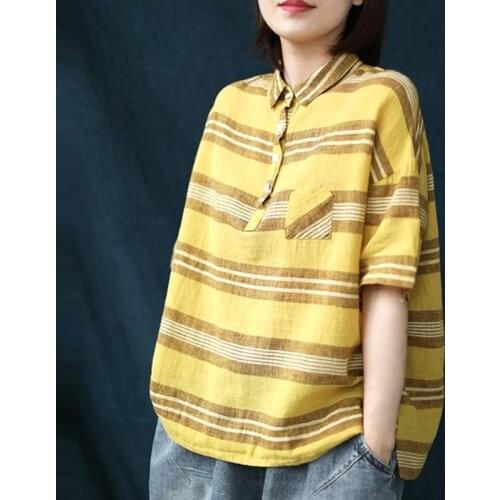Plus Size Shirt Women Summer Loose Casual Blouses Shirts New 2020 Vintage Turn-down Collar Striped Cotton Linen Female Tops P777