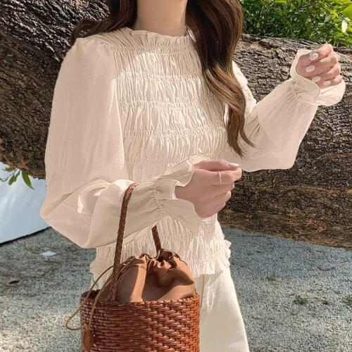 Womens Spring Blouses ZANZEA 2021 Fashion Pleated Tops Casual Puff Sleeve Blusas Female Elastic Waist Tunic Solid Tunic White