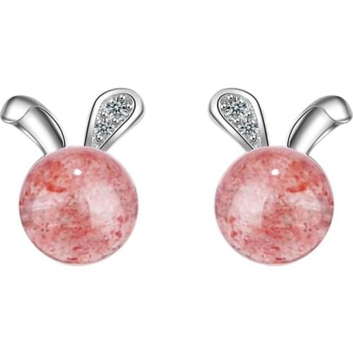Utimtree Creative Cute Rabbit Stud Earrings for Women Girls Party Christmas Day Gift Rhinestone Pink Stone Earring Jewelry Lady