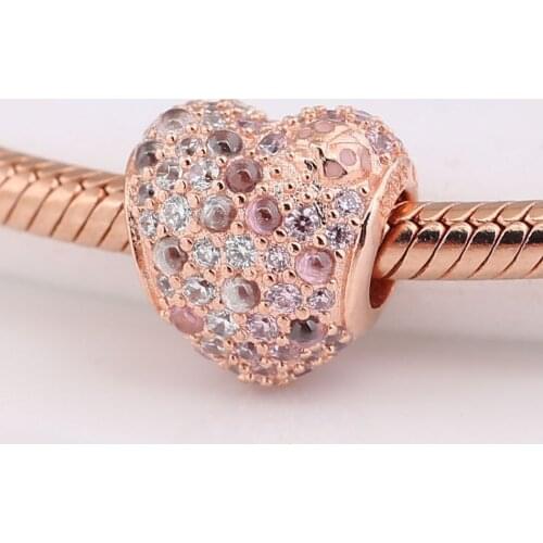 Authentic S925 Rose Gleaming Ladybird Heart With Crystal Bead Charm for Women Bracelet Bangle DIY Jewelry