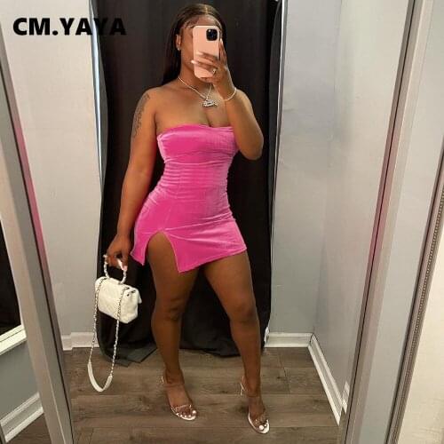 CM.YAYA Women Mini Dress Solid Sleeveless Strapless Stretchy Skinny Splited Dresses Sexy Fashion Party Vestidos Summer Outfits