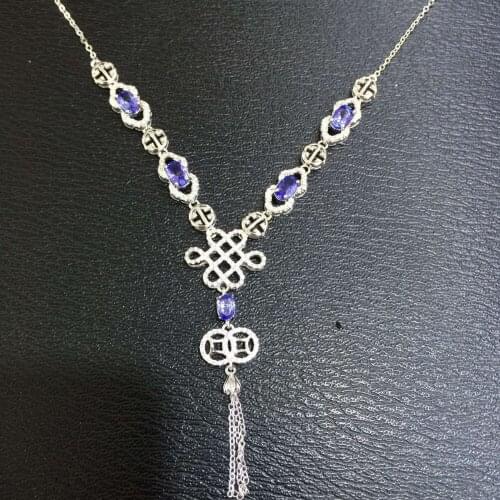 Natural blue tanzanite tourmaline Necklace natural gemstone Pendant Necklace S925 silver trendy Chinese knot women party Jewelry