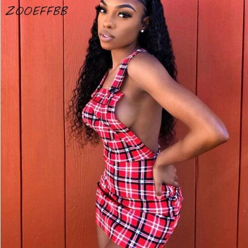 ZOOEFFBB Sexy Plaid Overalls Dress Fall Clothes for Women Spaghetti Strap Backless Cute Party Night Club Bodycon Mini Dresses