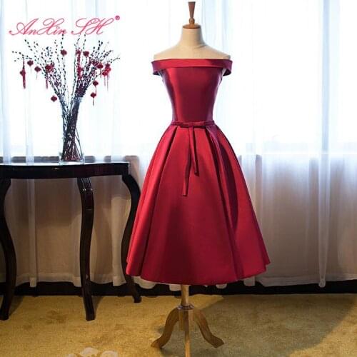 AXJFU princess wine red satin short evening dress luxury vintage boat neck wine red bow party stage evening dress
