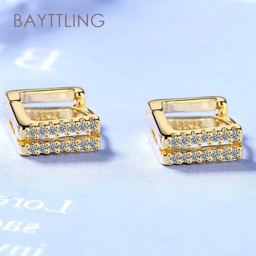 BAYTTLING 8MM 925 Sterling Silver Gold/Silver Shiny Square Zircon Stud Earrings For Women Fashion Wedding Jewelry Gifts