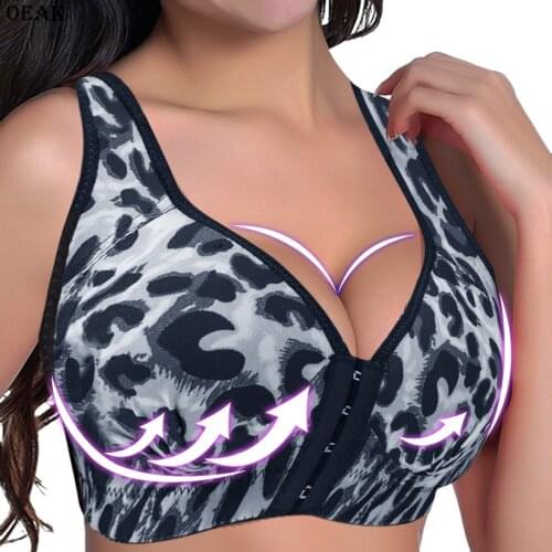 OEAK Fashion Leopard printed bra sexy front button underwear push up bra buckle female Anti-Sagging Large Size Bra Female bra