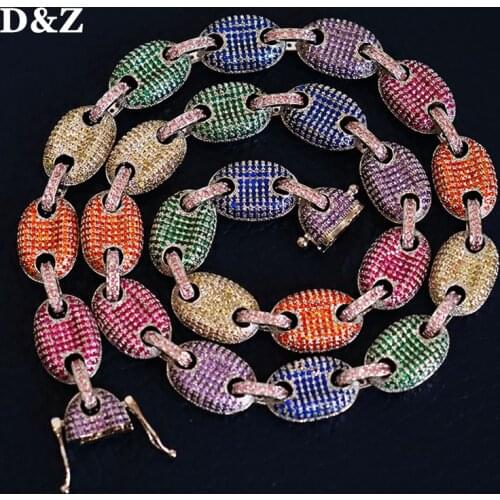 D&Z 11mm Coffee Beans Link Chain Iced Out Bling Colorful CZ Solid Back Cuban Link Chain Necklace For Male Hip Hop Jewelry