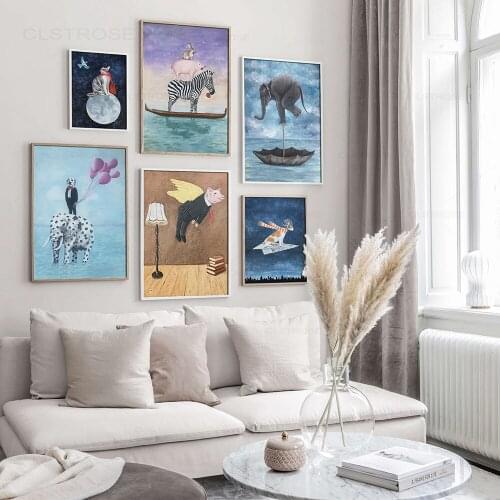 Idea Animals Cartoon Poster Elephant In Balance Print Canvas Painting Float Under The Sun Wall Pictures for Kid Room Decoration