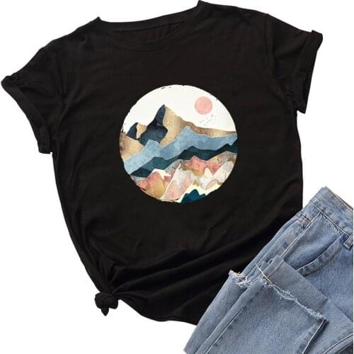Creative Golden Mountain Peak Women T-shirt Graphic Funny Print Cotton Tshirt Summer Top Tees Plus Size Womens Tops T Shirt